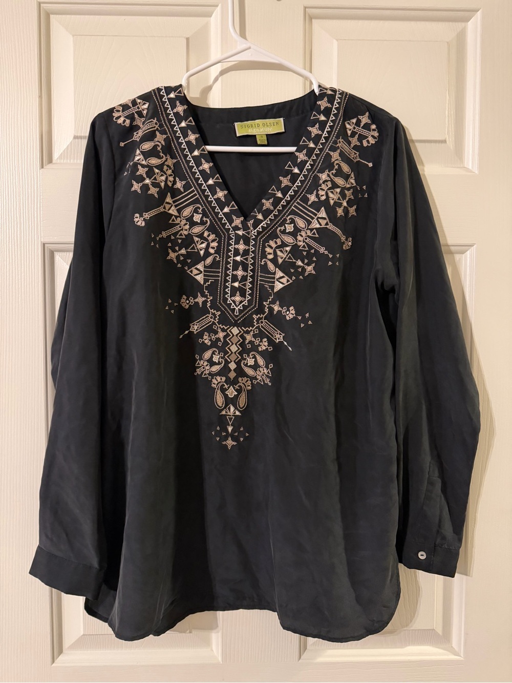 Sigrid Olsen 100% Silk Black Embroidered V-Neck Tunic - size S